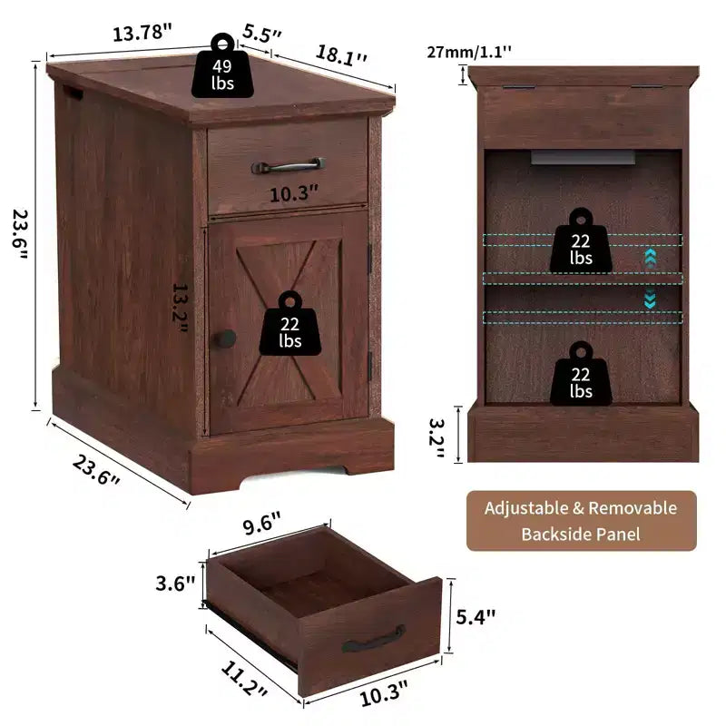 Table d'appoint rustique Hommpa de style ferme avec station de recharge et étagères de rangement, parfaite pour les petits espaces