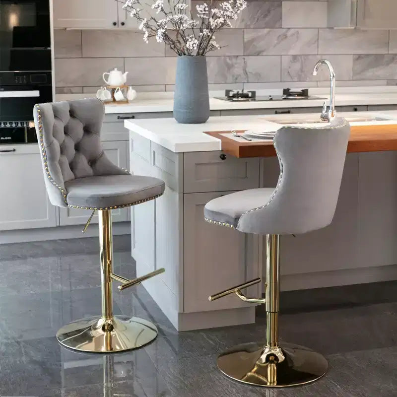 Lot de 2 tabourets de bar pivotants en velours, hauteur réglable de 63,5 à 83,8 cm, noirs, modernes, rembourrés, avec pieds dorés
