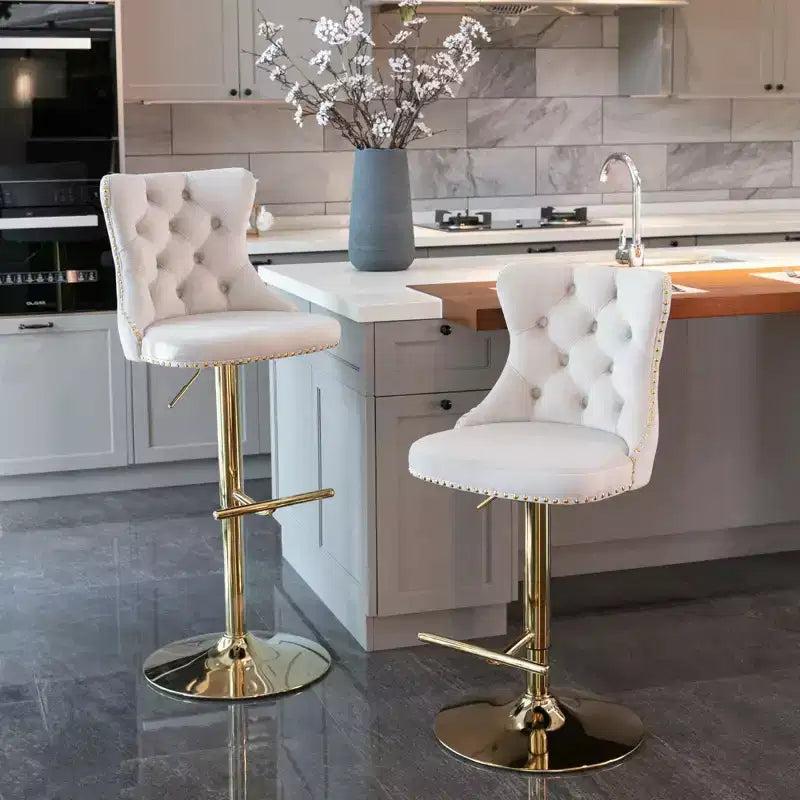 Lot de 2 tabourets de bar pivotants en velours, hauteur réglable de 63,5 à 83,8 cm, noirs, modernes, rembourrés, avec pieds dorés