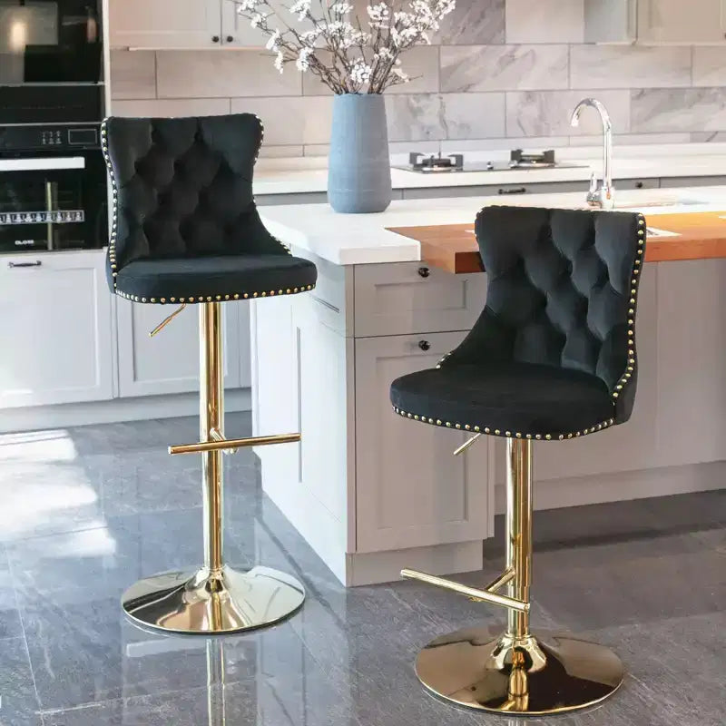 Lot de 2 tabourets de bar pivotants en velours, hauteur réglable de 63,5 à 83,8 cm, noirs, modernes, rembourrés, avec pieds dorés
