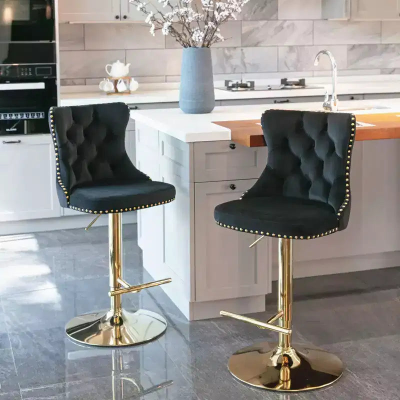 Lot de 2 tabourets de bar pivotants en velours, hauteur réglable de 63,5 à 83,8 cm, noirs, modernes, rembourrés, avec pieds dorés