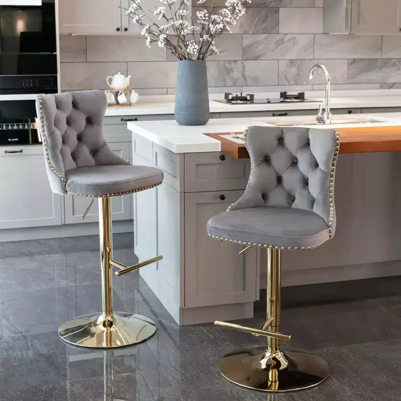 Lot de 2 tabourets de bar pivotants en velours, hauteur réglable de 63,5 à 83,8 cm, noirs, modernes, rembourrés, avec pieds dorés