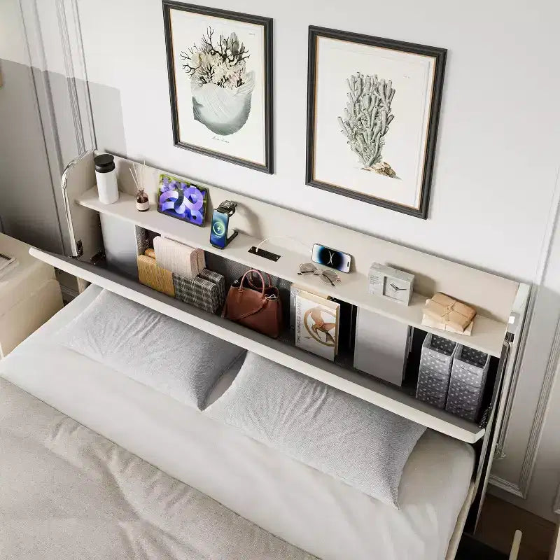 Cadre de lit avec tête de lit de rangement, 4 tiroirs et station de charge, design plateforme rembourrée en velours, pas besoin de sommier tapissier, support robuste.