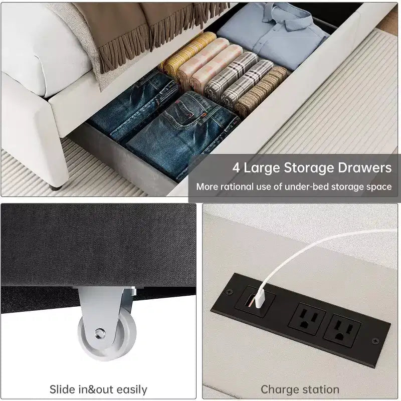 Cadre de lit avec tête de lit de rangement, 4 tiroirs et station de charge, design plateforme rembourrée en velours, pas besoin de sommier tapissier, support robuste.