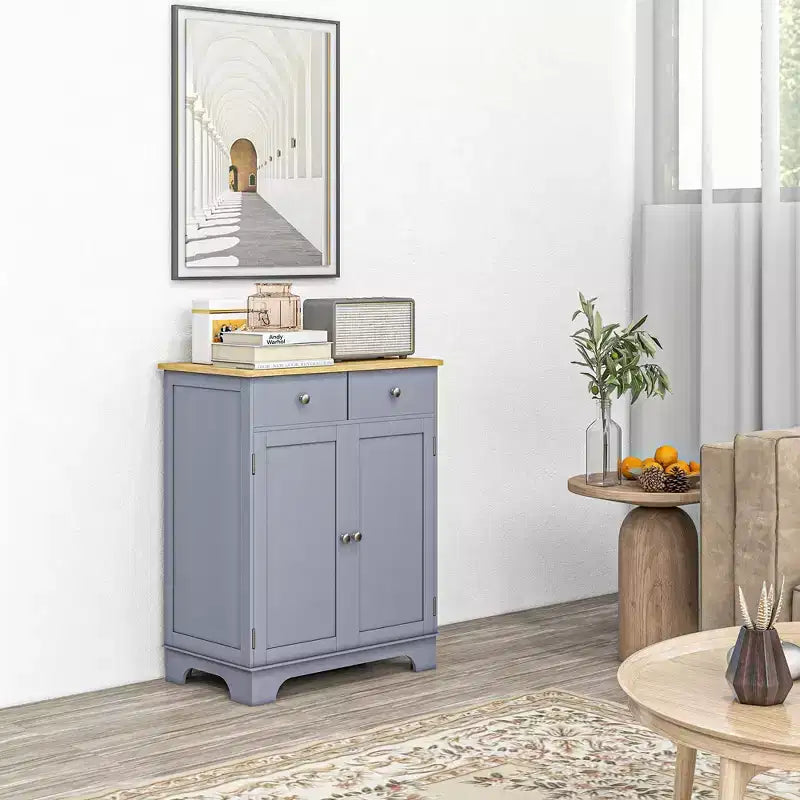 Okak Buffet Bahut, Meuble de Cuisine à Double Porte, Meuble de Rangement pour Bar à Café avec 2 Tiroirs, Étagère Réglable pour Salon, Gris