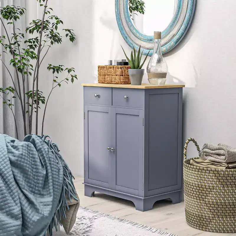 Okak Buffet Bahut, Meuble de Cuisine à Double Porte, Meuble de Rangement pour Bar à Café avec 2 Tiroirs, Étagère Réglable pour Salon, Gris