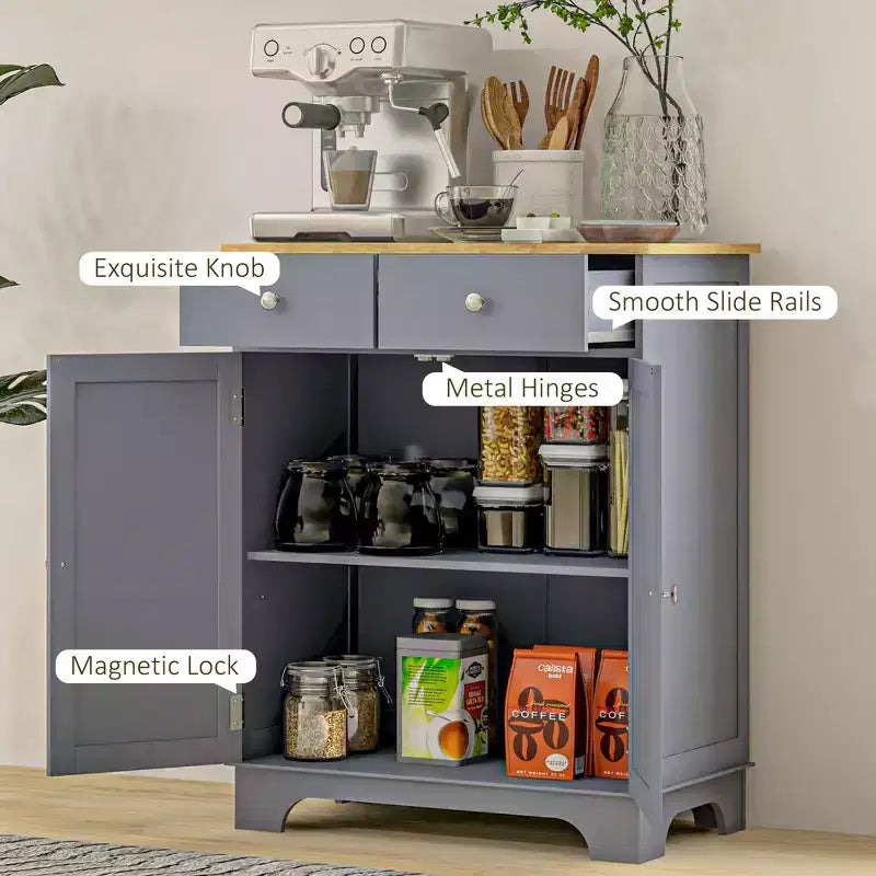 Okak Buffet Bahut, Meuble de Cuisine à Double Porte, Meuble de Rangement pour Bar à Café avec 2 Tiroirs, Étagère Réglable pour Salon, Gris
