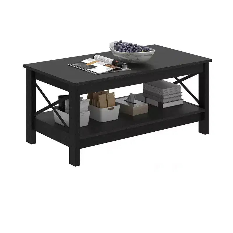 Table Basse avec Étagère de Rangement pour Salon, 2 Niveaux, Pieds Épais, Table d'Appoint en Bois, Cadre Robuste
