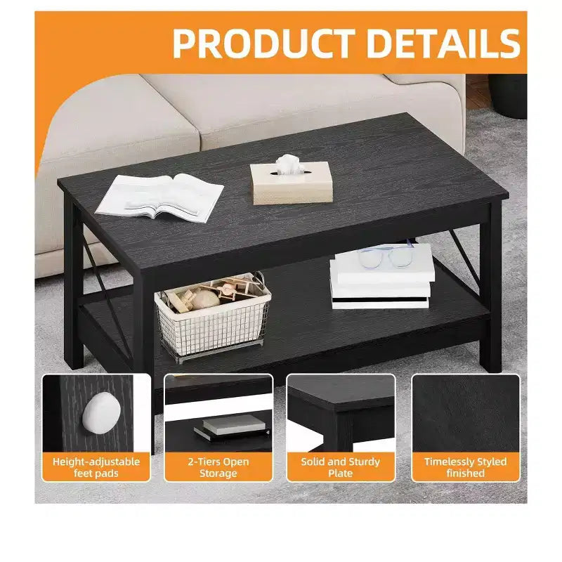 Table Basse avec Étagère de Rangement pour Salon, 2 Niveaux, Pieds Épais, Table d'Appoint en Bois, Cadre Robuste