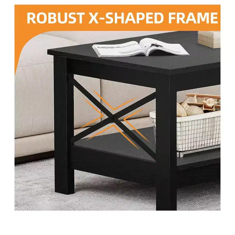 Table Basse avec Étagère de Rangement pour Salon, 2 Niveaux, Pieds Épais, Table d'Appoint en Bois, Cadre Robuste