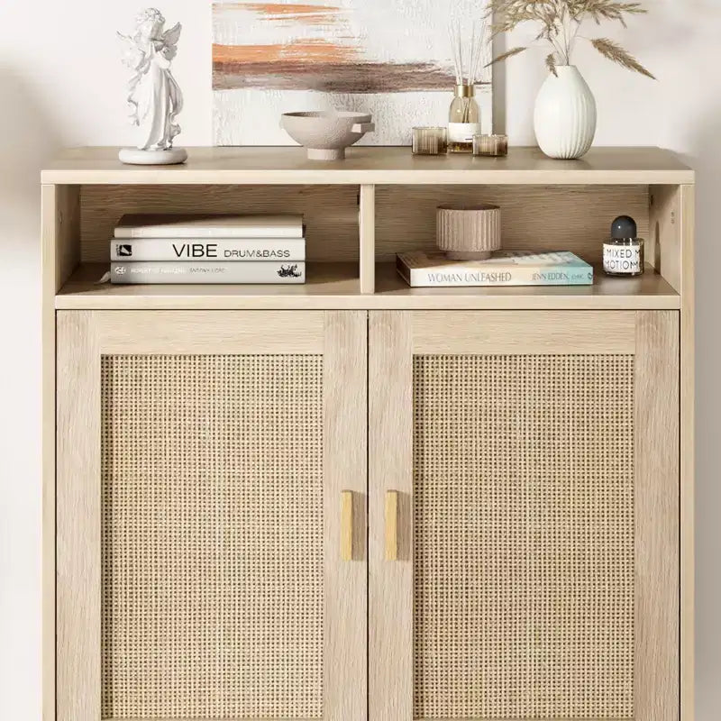 Coolmee Buffet avec portes et étagères, meuble de rangement en rotin pour cuisine, salle à manger, salon, entrée, couloir, bar à café