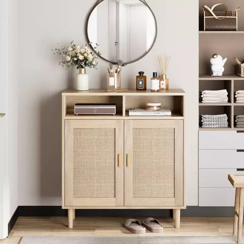 Coolmee Buffet avec portes et étagères, meuble de rangement en rotin pour cuisine, salle à manger, salon, entrée, couloir, bar à café