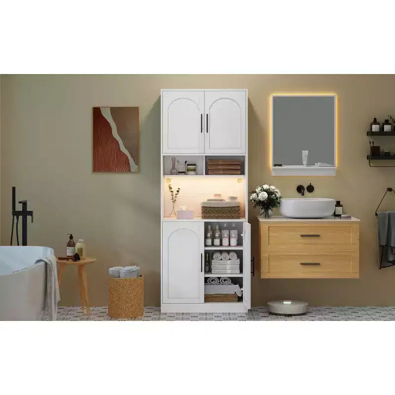 Coolmee Meuble de cuisine/bar/garde-manger avec lumière RVB, buffet haut avec support à micro-ondes, portes coulissantes et 2 étagères ouvertes, armoire de salle à manger