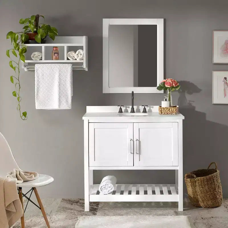 Meuble-lavabo Alaterre Furniture Bennet de 36 po sans comptoir, meuble autoportant style Shaker avec portes à fermeture douce et étagère inférieure à lattes, blanc