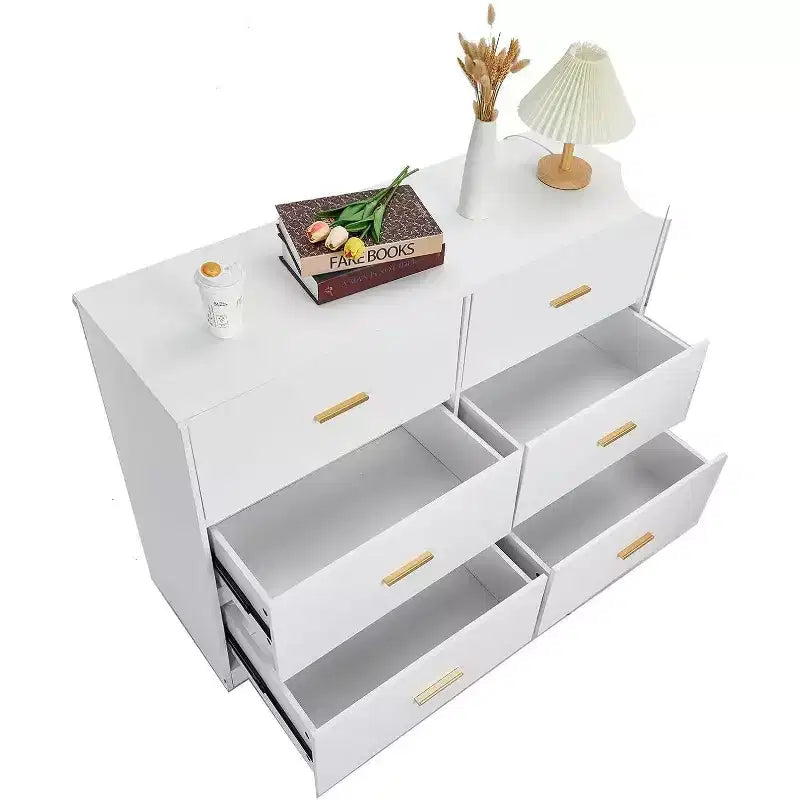 GustoWave Commode 6 Tiroirs Double pour Chambre à Coucher, 120 cm de Large, Design Anti-basculement, Poignées Métalliques Dorées