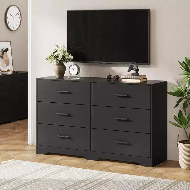 GustoWave Commode 6 Tiroirs Double pour Chambre à Coucher, 120 cm de Large, Design Anti-basculement, Poignées Métalliques Dorées