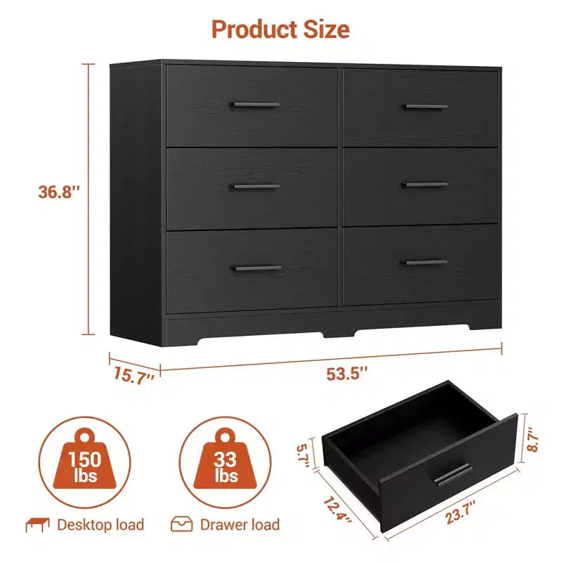 GustoWave Commode 6 Tiroirs Double pour Chambre à Coucher, 120 cm de Large, Design Anti-basculement, Poignées Métalliques Dorées