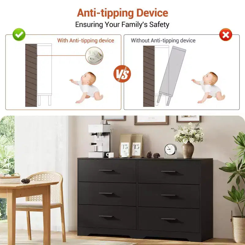 GustoWave Commode 6 Tiroirs Double pour Chambre à Coucher, 120 cm de Large, Design Anti-basculement, Poignées Métalliques Dorées