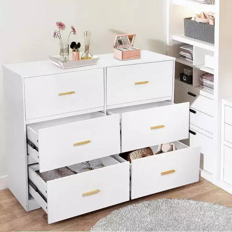 GustoWave Commode 6 Tiroirs Double pour Chambre à Coucher, 120 cm de Large, Design Anti-basculement, Poignées Métalliques Dorées