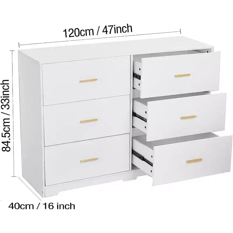 GustoWave Commode 6 Tiroirs Double pour Chambre à Coucher, 120 cm de Large, Design Anti-basculement, Poignées Métalliques Dorées
