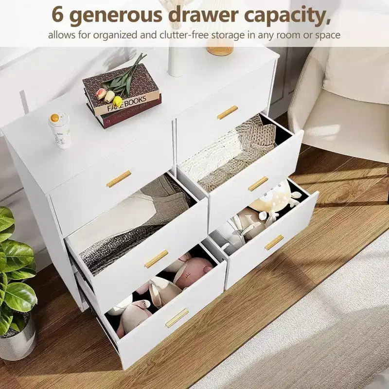 GustoWave Commode 6 Tiroirs Double pour Chambre à Coucher, 120 cm de Large, Design Anti-basculement, Poignées Métalliques Dorées