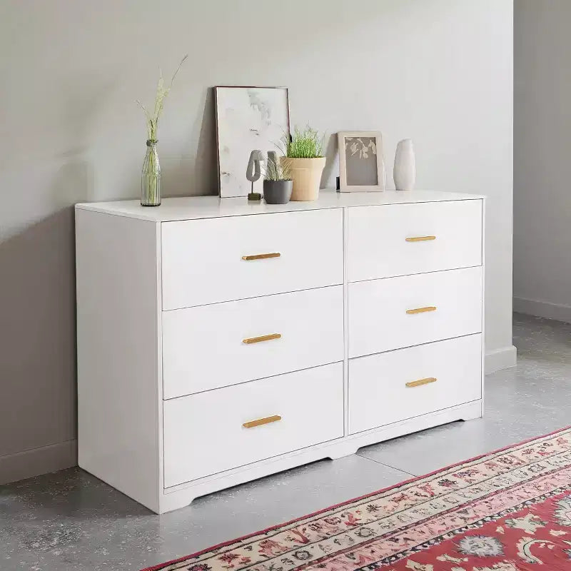 GustoWave Commode 6 Tiroirs Double pour Chambre à Coucher, 120 cm de Large, Design Anti-basculement, Poignées Métalliques Dorées