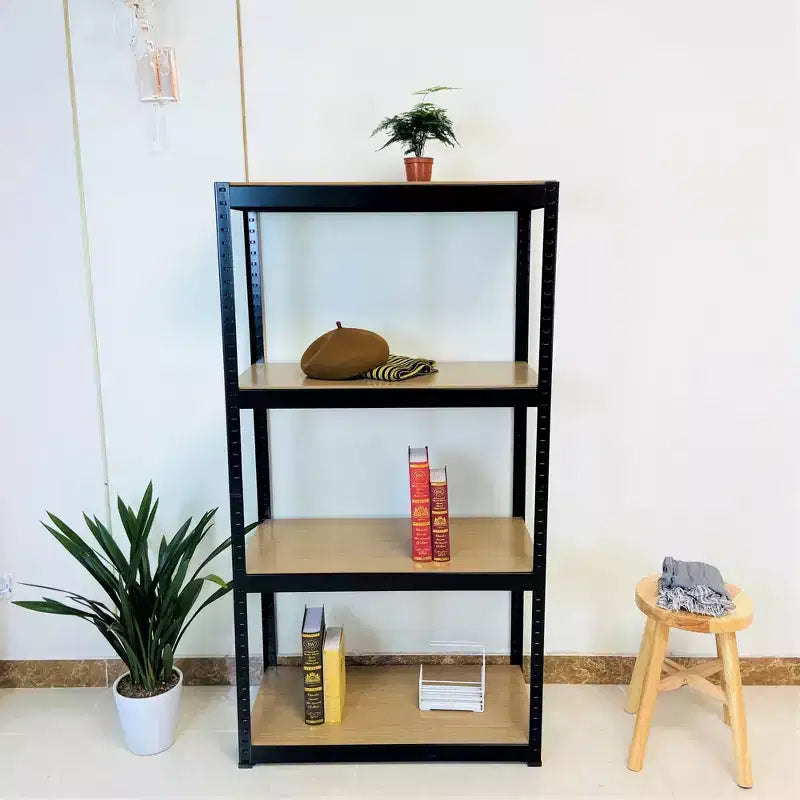 Étagère noire réglable à 4 niveaux en métal et bois robuste, unité de rangement pour garage, montage sans boulons pour livres, ustensiles de cuisine
