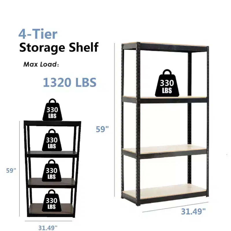Étagère noire réglable à 4 niveaux en métal et bois robuste, unité de rangement pour garage, montage sans boulons pour livres, ustensiles de cuisine
