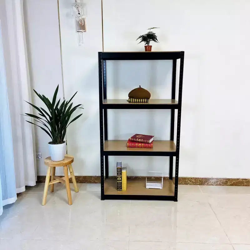 Étagère noire réglable à 4 niveaux en métal et bois robuste, unité de rangement pour garage, montage sans boulons pour livres, ustensiles de cuisine