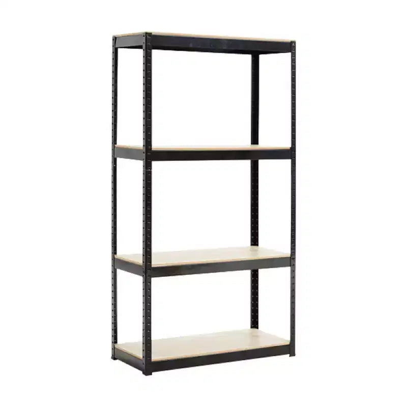 Étagère noire réglable à 4 niveaux en métal et bois robuste, unité de rangement pour garage, montage sans boulons pour livres, ustensiles de cuisine
