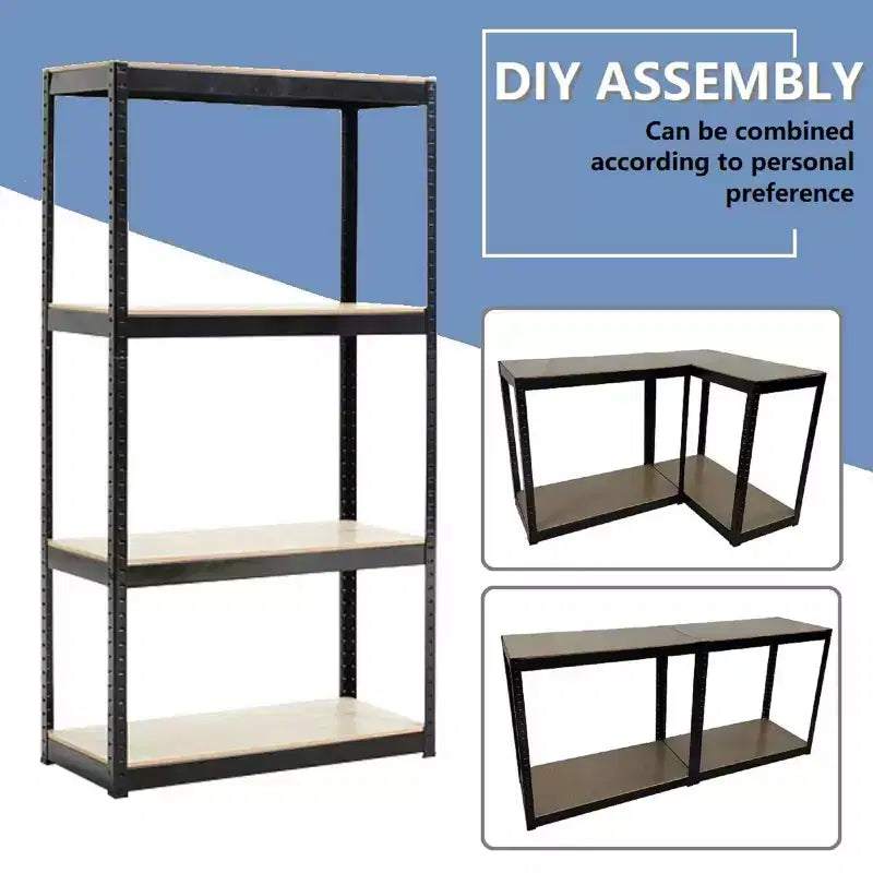 Étagère noire réglable à 4 niveaux en métal et bois robuste, unité de rangement pour garage, montage sans boulons pour livres, ustensiles de cuisine