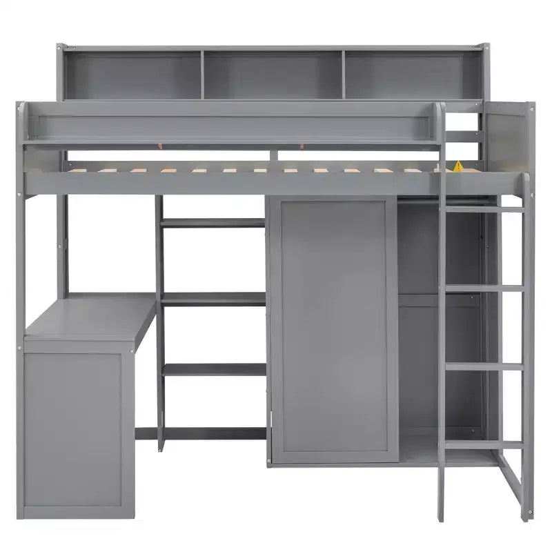 Lit mezzanine double avec étagères de rangement et armoire, lit mezzanine en bois avec bureau intégré et escalier pour enfants, adolescents et adultes
