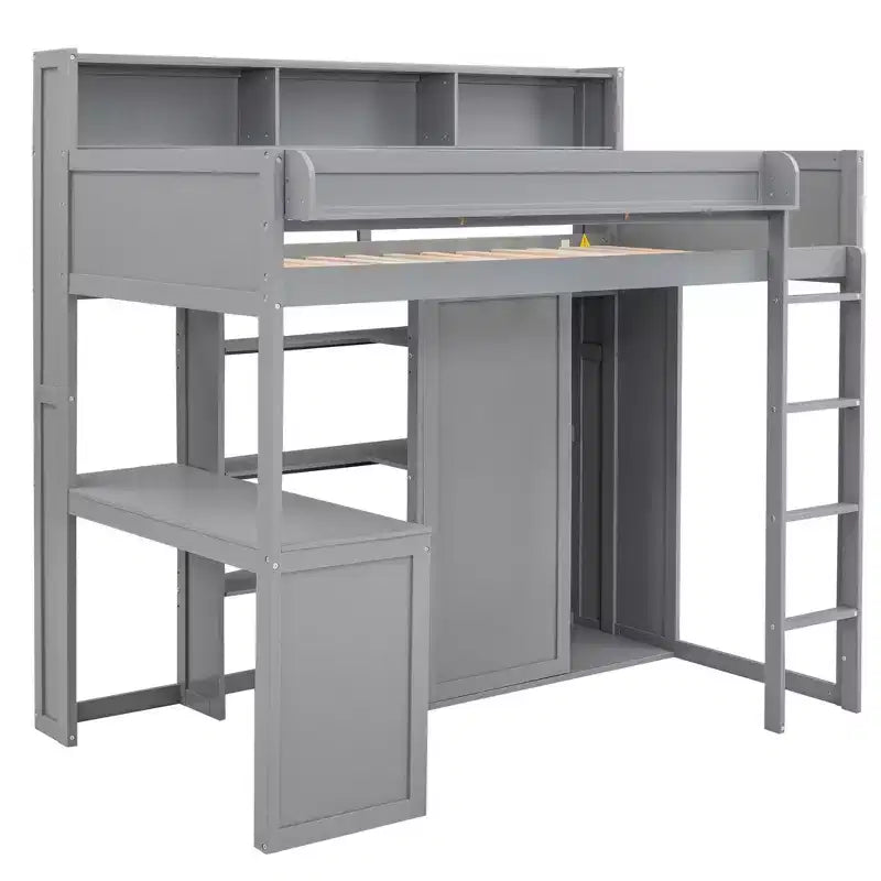 Lit mezzanine double avec étagères de rangement et armoire, lit mezzanine en bois avec bureau intégré et escalier pour enfants, adolescents et adultes