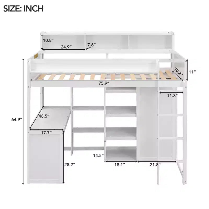 Lit mezzanine double avec étagères de rangement et armoire, lit mezzanine en bois avec bureau intégré et escalier pour enfants, adolescents et adultes