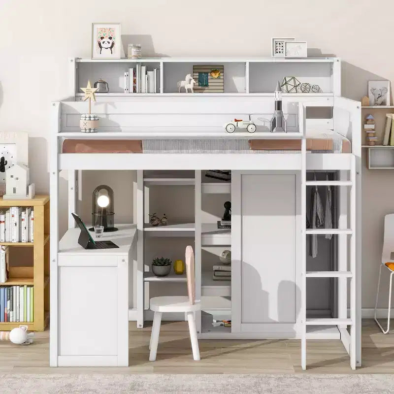 Lit mezzanine double avec étagères de rangement et armoire, lit mezzanine en bois avec bureau intégré et escalier pour enfants, adolescents et adultes