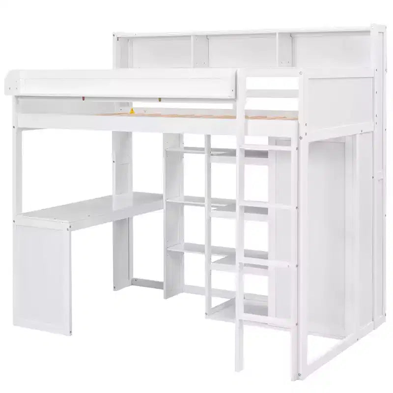 Lit mezzanine double avec étagères de rangement et armoire, lit mezzanine en bois avec bureau intégré et escalier pour enfants, adolescents et adultes
