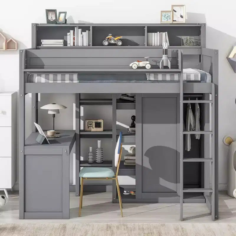 Lit mezzanine double avec étagères de rangement et armoire, lit mezzanine en bois avec bureau intégré et escalier pour enfants, adolescents et adultes