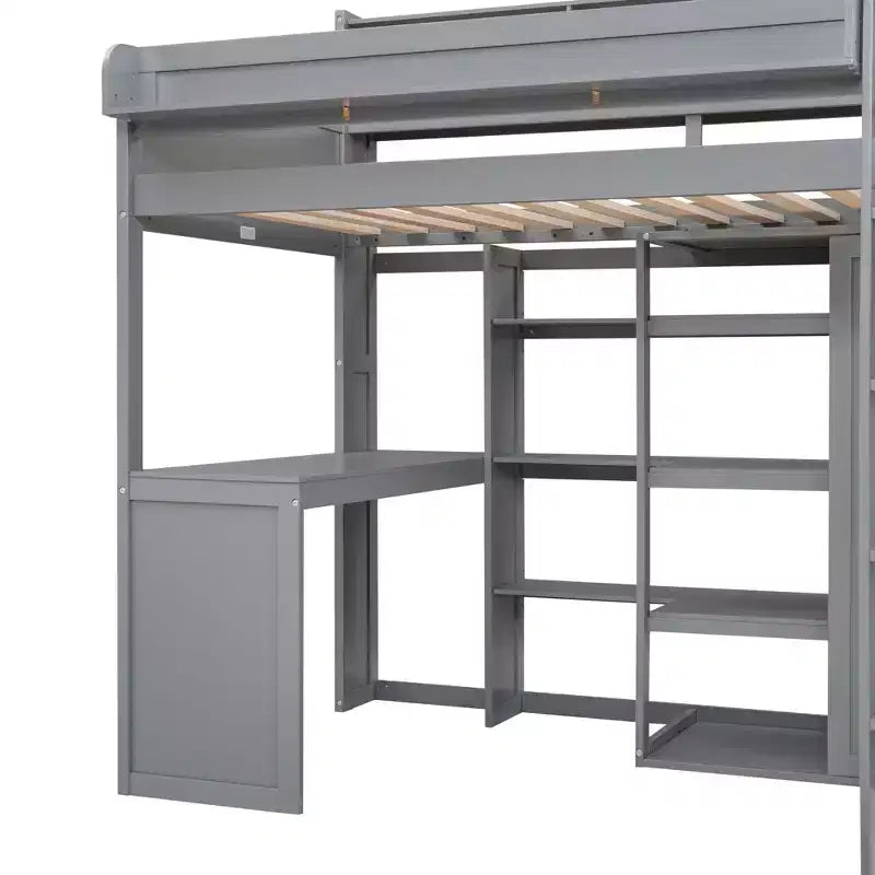 Lit mezzanine double avec étagères de rangement et armoire, lit mezzanine en bois avec bureau intégré et escalier pour enfants, adolescents et adultes