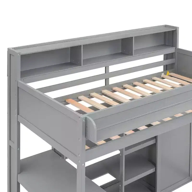 Lit mezzanine double avec étagères de rangement et armoire, lit mezzanine en bois avec bureau intégré et escalier pour enfants, adolescents et adultes