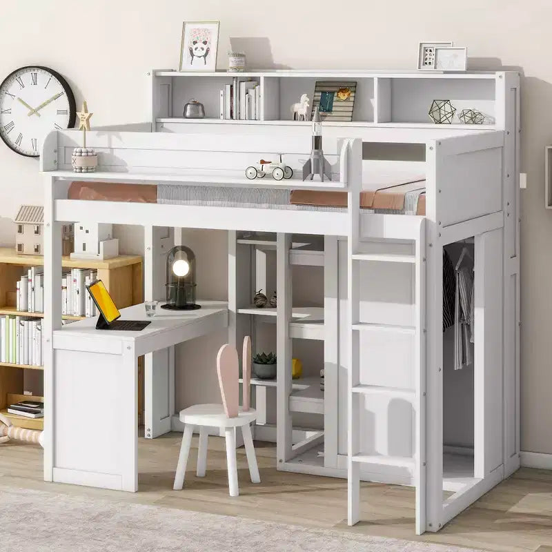 Lit mezzanine double avec étagères de rangement et armoire, lit mezzanine en bois avec bureau intégré et escalier pour enfants, adolescents et adultes