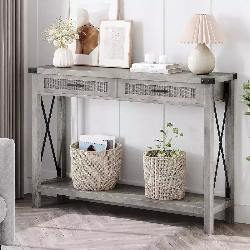 GustoWave Table Console en Rotin pour Entrée - Table d'Entrée Bohème avec Rangement et Tiroirs, Petites Tables d'Appoint, 109 cm