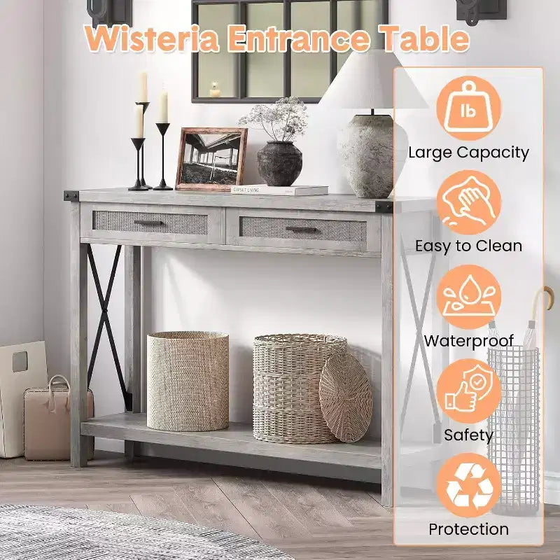 GustoWave Table Console en Rotin pour Entrée - Table d'Entrée Bohème avec Rangement et Tiroirs, Petites Tables d'Appoint, 109 cm