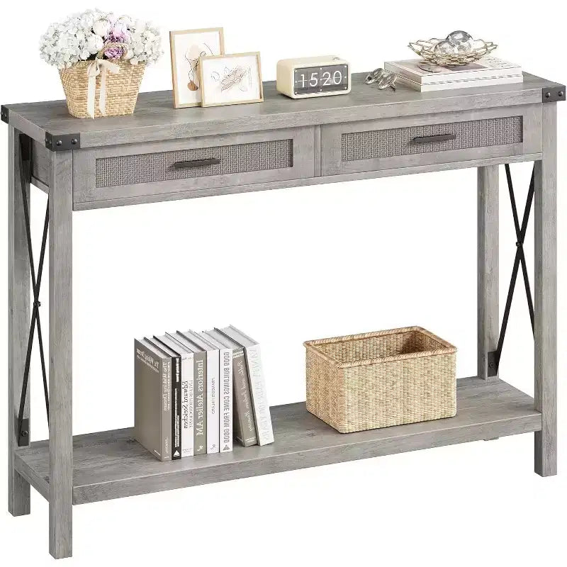GustoWave Table Console en Rotin pour Entrée - Table d'Entrée Bohème avec Rangement et Tiroirs, Petites Tables d'Appoint, 109 cm