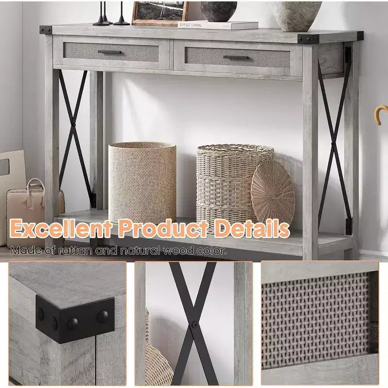 GustoWave Table Console en Rotin pour Entrée - Table d'Entrée Bohème avec Rangement et Tiroirs, Petites Tables d'Appoint, 109 cm
