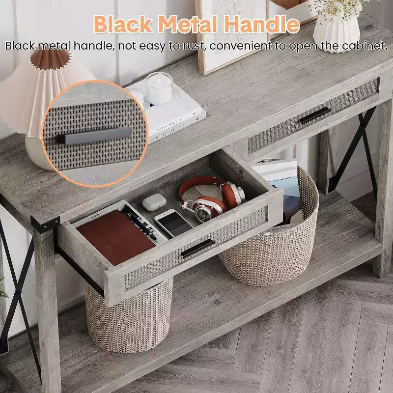 GustoWave Table Console en Rotin pour Entrée - Table d'Entrée Bohème avec Rangement et Tiroirs, Petites Tables d'Appoint, 109 cm
