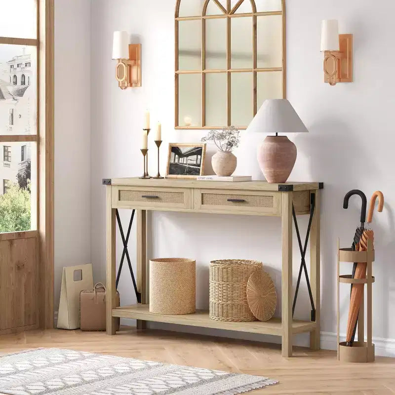 GustoWave Table Console en Rotin pour Entrée - Table d'Entrée Bohème avec Rangement et Tiroirs, Petites Tables d'Appoint, 109 cm