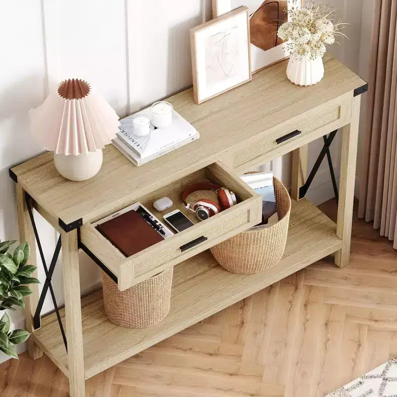 GustoWave Table Console en Rotin pour Entrée - Table d'Entrée Bohème avec Rangement et Tiroirs, Petites Tables d'Appoint, 109 cm