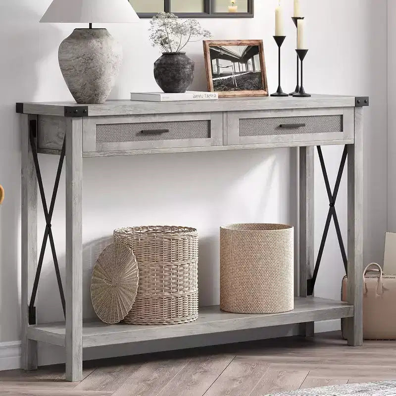 GustoWave Table Console en Rotin pour Entrée - Table d'Entrée Bohème avec Rangement et Tiroirs, Petites Tables d'Appoint, 109 cm