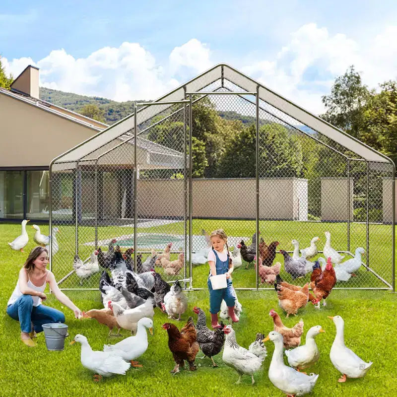 Chicken Coop, 13.1ft Large Metal Chicken Run with Cover - Spire Roof, Lock for Outdoor Backyard Farm, Duck Rabbit