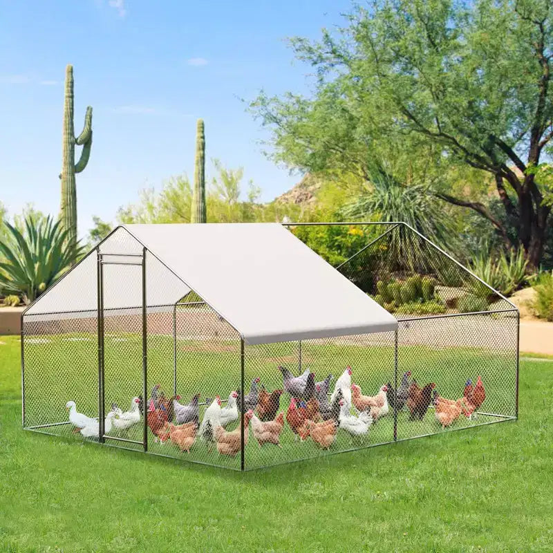 Poulailler, Grand Enclos Métallique de 4 m avec Bâche - Toit Pointu, Verrou pour Ferme de Jardin Extérieur, Canard Lapin